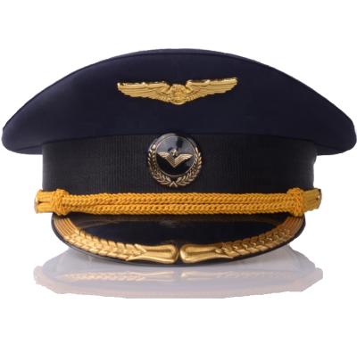 China Big Airline Blue Airline Uniform Men's Custom Design High Quality Mental Logo Pilot Hat Gold Edge Decorated PU Polyester Lip for sale