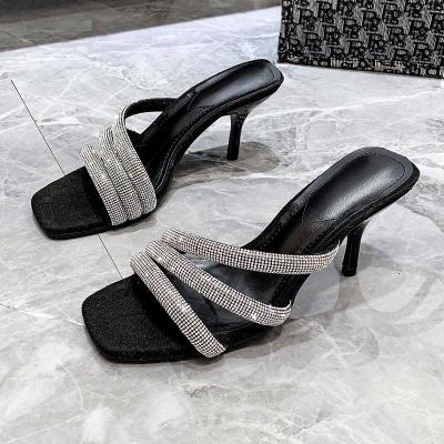 China Deodorization DM Square Toe Women Sandals Unique Sexy Stiletto Rhinestone Heeled Slippers Women for sale