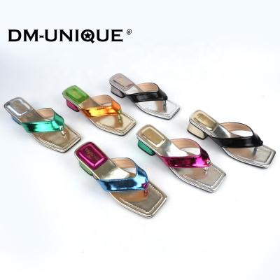 China Fashion Trend DM Unique Low Heel Shiny Slippers Wedge Flip Flop Sandals For Women for sale