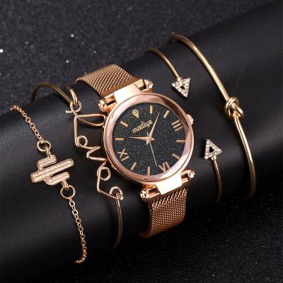 China Luxury 5Pcs Women's Cuff Bracelet Watch Band Set Rose Gold Plated Women Watch Jewelry Set Watch and Chain Set for sale