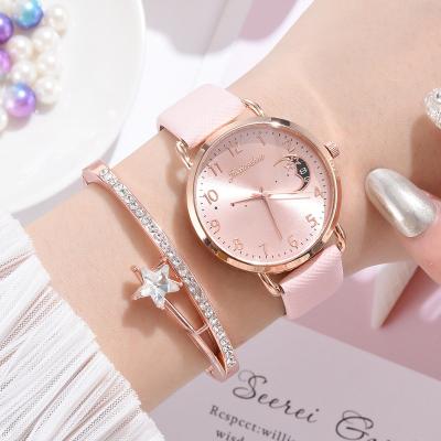 China Women Business Women's Rose Gold Bracelet Watch Leather Strap Zircon Diamond Star Cuff Bracelet Wrist Watch Gift Set for sale