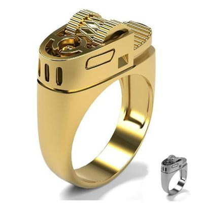 China TRENDY Creative Lighter Shape Ring Punk 14K Gold Plated Stainless Steel Ring Gold Plated Mens Lighter for sale