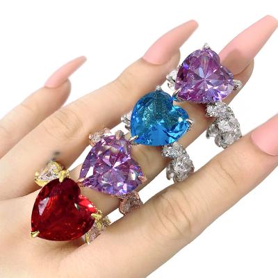 China FASHIONABLE Luxury Colorful Heart Shaped Zircon Rings Full Pave Cubic Zircon Heart Promised Ring Copper Zircon Rings For Women And Girls for sale