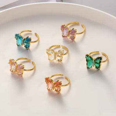 China Trendy Trendy Butterfly Ring Gold Plated Open Finger Ring Colorful Glass Crystal Butterfly Ring For Women for sale