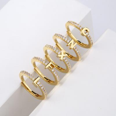 China 2022 Zircon Trendy Zircon Letter Silver Gold Plated Open Initial Letter Adjustable Finger Rings for sale