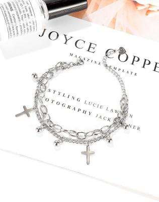 China Fashion Double Layer Titanium Ladies Cute Steel Cross Beads Bracelet Pendant Bracelet for sale