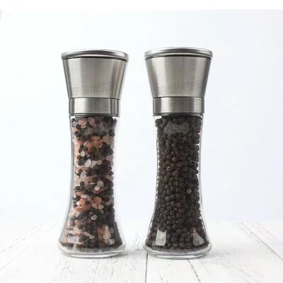 China Food Stainless Steel Salt and Pepper Grinder Set Refillable Glass Shakers with Adjustable Coarseness for sale