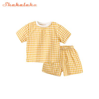 China 2022 New Arrival Summer Breathable Boys Pajamas Toddler Kids Plaid 2 Pcs Little Babies Clothing Sleep Wear Set for sale