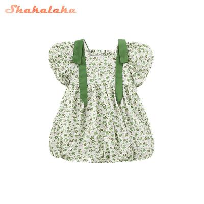 China 2022 Summer Puff Little Sleeve Beautiful Soft High Quality Princess Cotton Washable Children Style Kids Baby Floral Dresses for sale