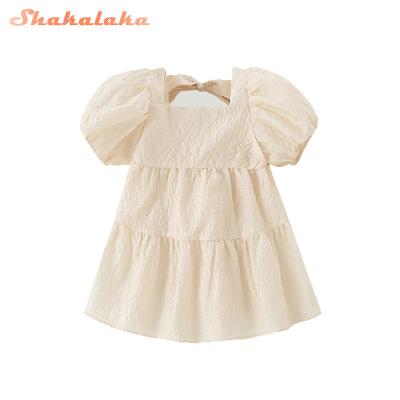 China New Washable Summer Kids Girls Dress Toddler Princess Party Temperament Dress Puff Sleeve Plain Solid Color Children Dress for sale