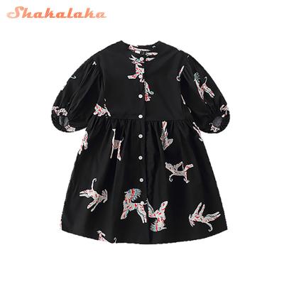 China Summer Washable Fashion Little Girls Dress Kids Clothes Short Sleeve Sheath Solid Shift Dresses With Flower Printed Fanny Dress for sale