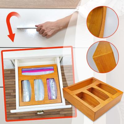 China Sustainable High Quality Bamboo Bag Storage Organizer And Dispenser For Kitchen Ziplock Drawer for sale