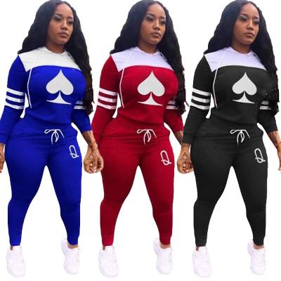 China Autumn And Winter Breathable Clothing Color Block Poker Printing Hoodies And Sweatpants Tracksuit Set Women for sale