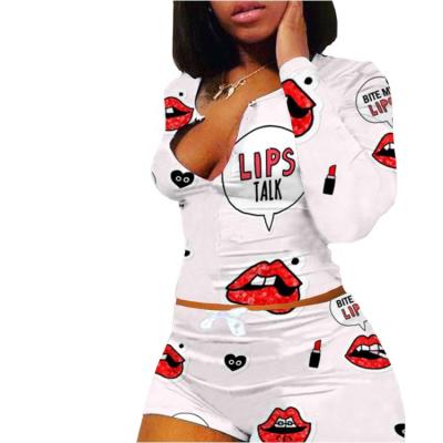 China 2021 Wholesale Breathable Print Breathable Pajamas Set Ladies Sleepwear Long Sleeve Lip Printed Casual Homewear Pajamas Two Piece Shorts Set For Women for sale