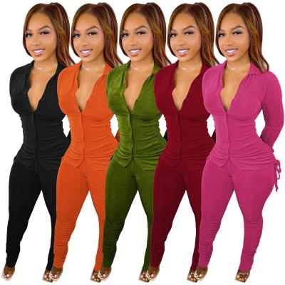 China 2022 New Arrival Anti Wrinkle Women's Spring Lady 2PC Sleeveless Long Drawstring Tops And Pant Suits Bodycon Pants Casual Two Piece Set for sale