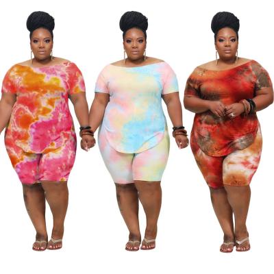 China 2020 Autumn Breathable Plus Size Women Clothing Tie Dye 2 Pieces Sleeve T-shirt And Short Shorts Sets for sale