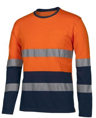 China Orange and Navy 100% Cotton Men's Custom Comfort Cotton Straight Edge with Side Split L/S CREW NECKLINE with Reflective Stripes Work T-SHIRT for sale