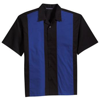 China Anti-pilling men's black royal blue cotton 55/45/poly camp style collar side vents dye-to-match open edge buttons retro camp shirt for sale