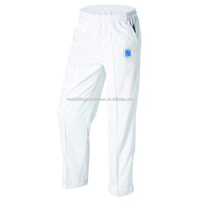 China Men's Single White Polyester 100% Cool Dry Lightweight Eyelet With Logo Embroidered On Front Left Leg Sports Cricket Pants WWSCR044 for sale