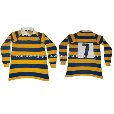 China Antibacterial Men's 100% Heavy Cotton Long Sleeve Gold and Navy Knitted Striped with White Twill Collar Cotton Formal Rugby Shirt for sale