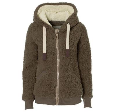 China Anti-wrinkle women refine beige brown black full zipper with side pockets with hood wide drawstring thick lambswool winter jacket hoodie for sale