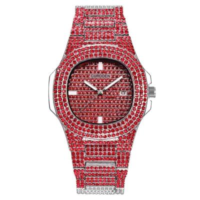 China Auto Date Rocks Jewels Colorful Dial Quartz Wristwatch Sparkle Iced Out Diamond Bezel Analog Watches for sale