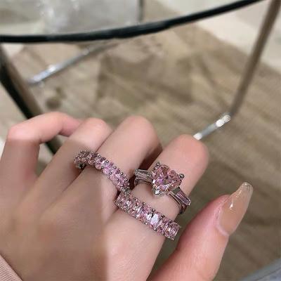 China Trendy Fashion White Gold Rectangle Plated Zircon Rings Baguette Zircon Ring Pink CZ Heart Rings for sale