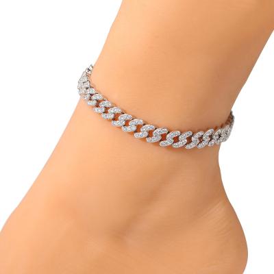 China BOHEMIA Fashion Jewelry Bling Gold Plated Cuban Chain Anklet Anklet Iced Out Crystal Diamond Cuban Link Anklet for sale