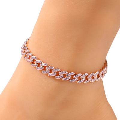 China 2021 BOHEMIA 12mm CZ Cuban Link Ankle Chain Trendy Rose Gold Miami Cubic Zircon Anklet For Women for sale