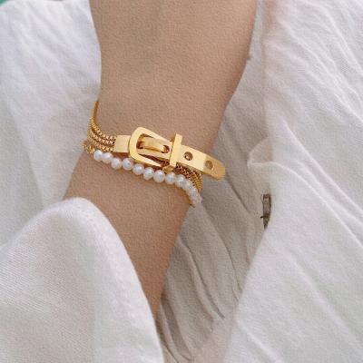 China 2021 New Arrival CLASSIC Gold Plated 3 Row Bracelet Stainless Steel Box Chain Belt Charm Bracelet for sale