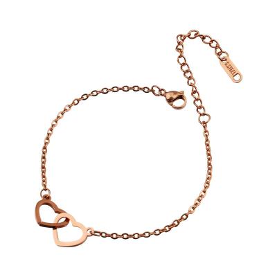 China Hiphop Women's Romantic Two Feet Accessories Heart Anklet Bracelet Stainless Steel Locking Hollow Anklet Double Chain for sale