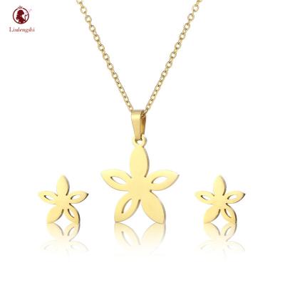 China CLASSIC Delicate Jewelry Stainless Steel Flower Necklace Earring Set Gold Tone Flower Necklace Jewelry Set For Women for sale