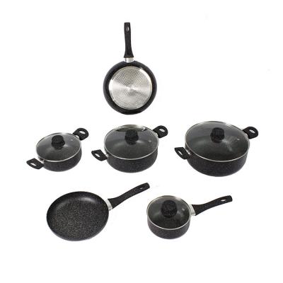 China Sustainable Rugged Cooking Pot Set With Glass Lid Heat Resistant Pan Cookware Set for sale