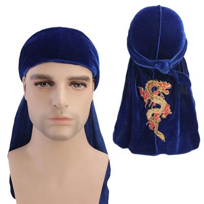 China Universal Dragon Heat Printed Velvet Durag Long Tail Tie Away Durag for sale