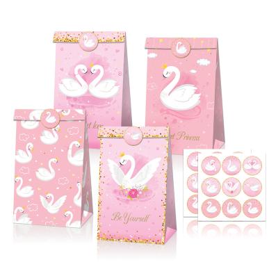 China Recycled Materials Xindeli LB182 White Swan Design 12 pcs Gift Goodies Candy Pink Kraft Paper Bag With Stickers  Girl Birthday Party Supplies for sale