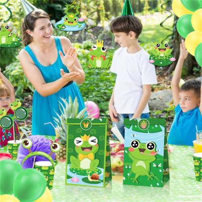 China Recycled Materials Xindeli LB169 Green Frog Design Double-Sided Kids Candy Goodies Gift Paper Bags with Stickers for Kids Birthday Party Supplies for sale