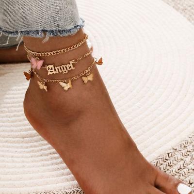 China Trendy Wholesale Butterfly Anklet Bracelet Gold Letter Rose Gold Letter Dangle Chain Acrylic 3 Pieces Set Women Jewelry for sale