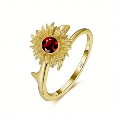 China High Quality GMR11 RINNTIN 14K Gold Plated Ring 925 Sterling Silver Natural Garnet Sunflower Adjustable Ring For Women Mom Mother Wife Girls for sale