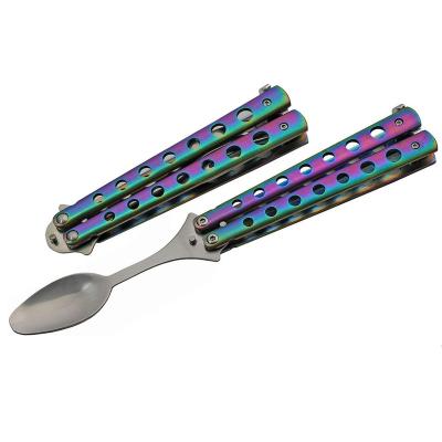 China Outdoor Activities 9 Inch Rainbow/Gold Finish Butterfly-Open Styled Travel/Camping Spoon for sale