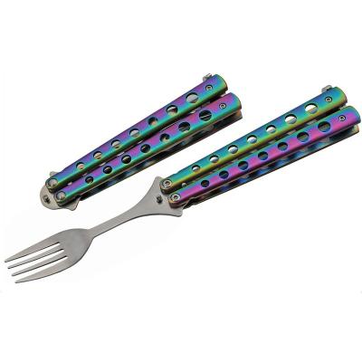 China Outdoor Activities 9 Inch Gold Silver Rainbow Ended Butterfly-open Style Travel / Camping Fork for sale