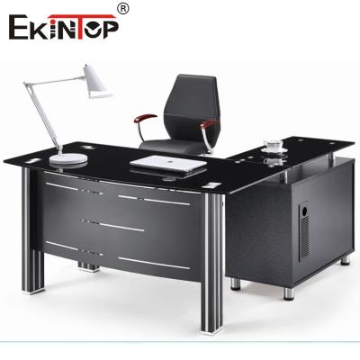 China Modern Glass Desk Top With Metal Legs And Drawer Executive Glass Table for sale