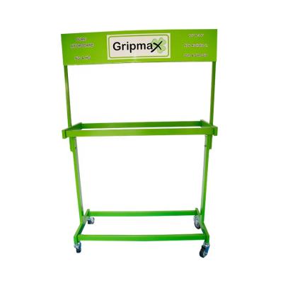 China Daily Necessities Custom Chinese Manufacturer Car Wheel Stand Display Green 4 Wheels Hand Tire Merchandise Floor Stand For Car Shop Display Racks for sale