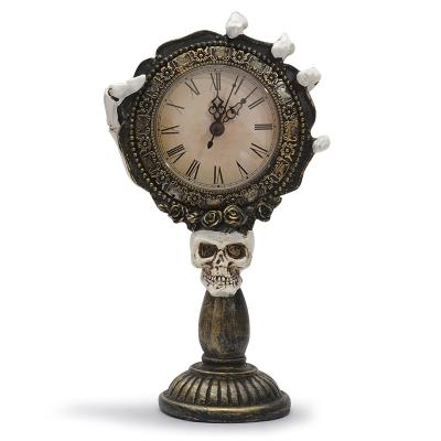 China Home Decoration Custom Halloween Antique Clock And Candlestick Set Resin Individuality Skulls Vintage Candlestick Holder For The Table for sale