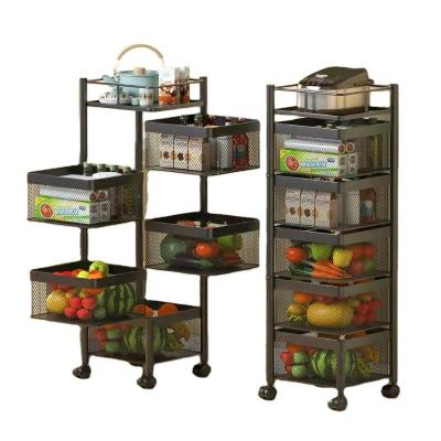 China Sustainable 4 Layers Square Structure Saves Space Rotating Kitchen Floor Shelf Kitchen Vegetable Rack With Wheels for sale