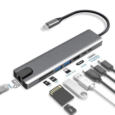 China Left Extension Aluminum Usb Hub 8 In 1 Type C Usb Hub 3.0 Multi Function Adapter For Macbook Pro Ipad Notebook Usb C Hub for sale