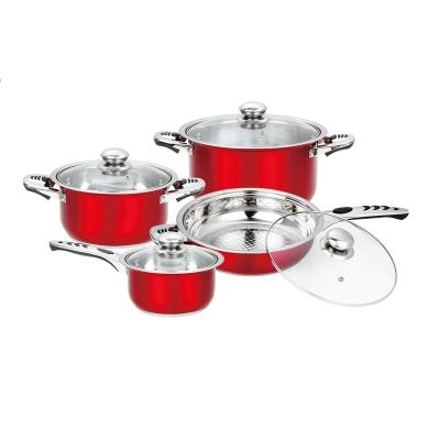 China Viable Bright Red Color Cookware Set 8pcs Glass Lid Cooking Pot Kitchware Stainless Steel Kitchen Pan Set for sale