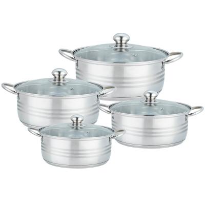 China Customized Sustainable Induction Silver Kitchen Cookware Set Soup Pot Stock Pot Cooking Pot Set 8pcs Stainless Steel Casserole Set With Glas for sale