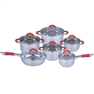 China Competitive Price 12pcs Stainless Steel Lid Viable Glass Cookware Sets Silicone Knob And Handle Kitchen Red Casserole And Pan Set for sale