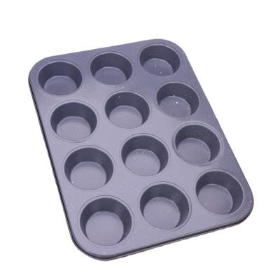 China Sustainable 12 Cup Round Carbon Steel Cake Mold Non-Stick Cake Pan Cupcake Baking Pan for sale