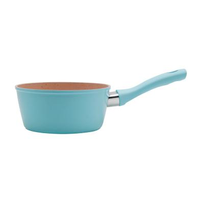 China Contemporary Bright Blue/Green/Pink Induction Base Non Stock Aluminum Soup Stick and Handle Pot Silicone Small Size Cookware for sale